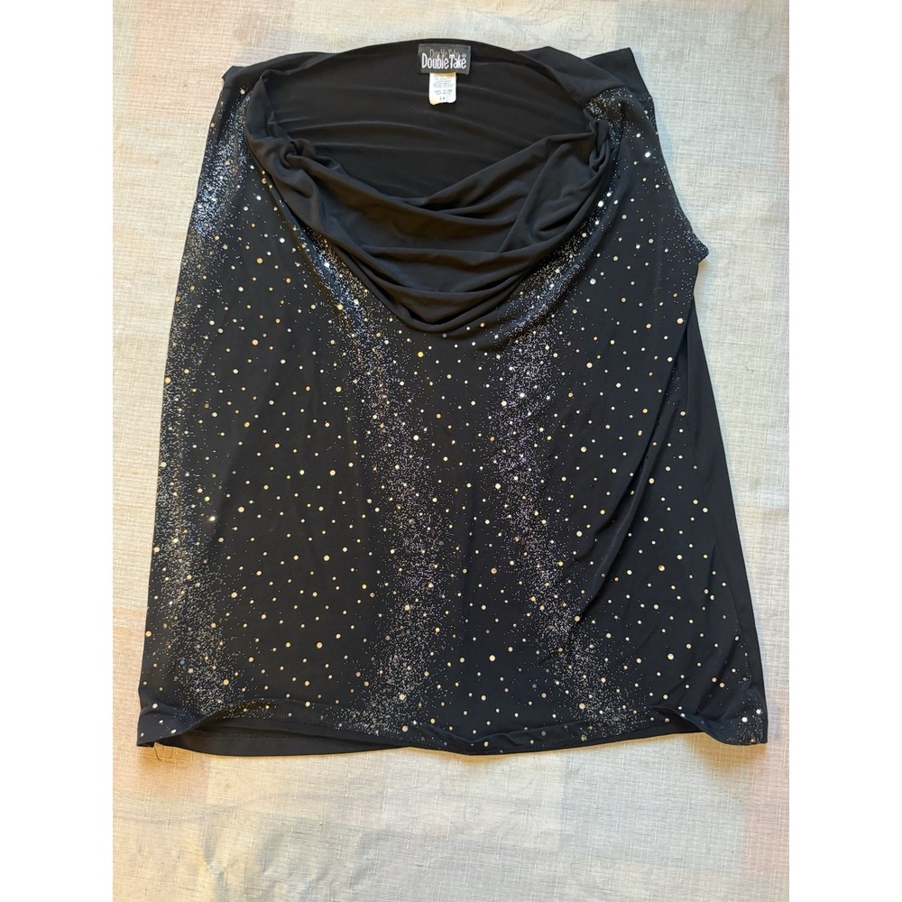 Double Take Women's 2X Black Gold Sparkle Cowl Neck Plus Size Dress Blouse USA—1